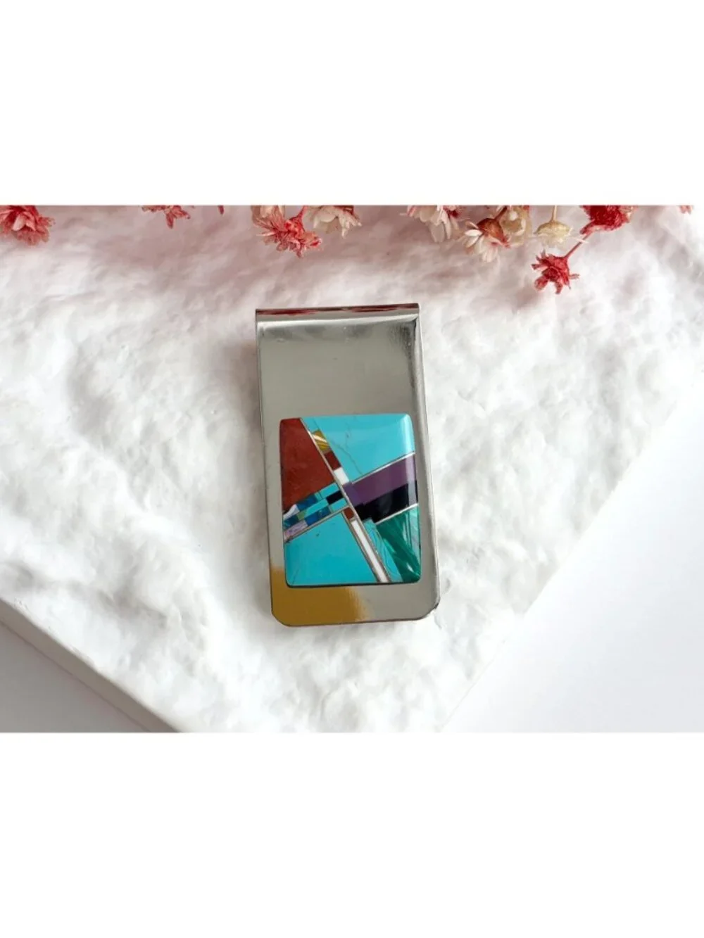 Turquoise, Coral, Onyx, Amethyst Southwest Vintage Stainless Steel Money Clip